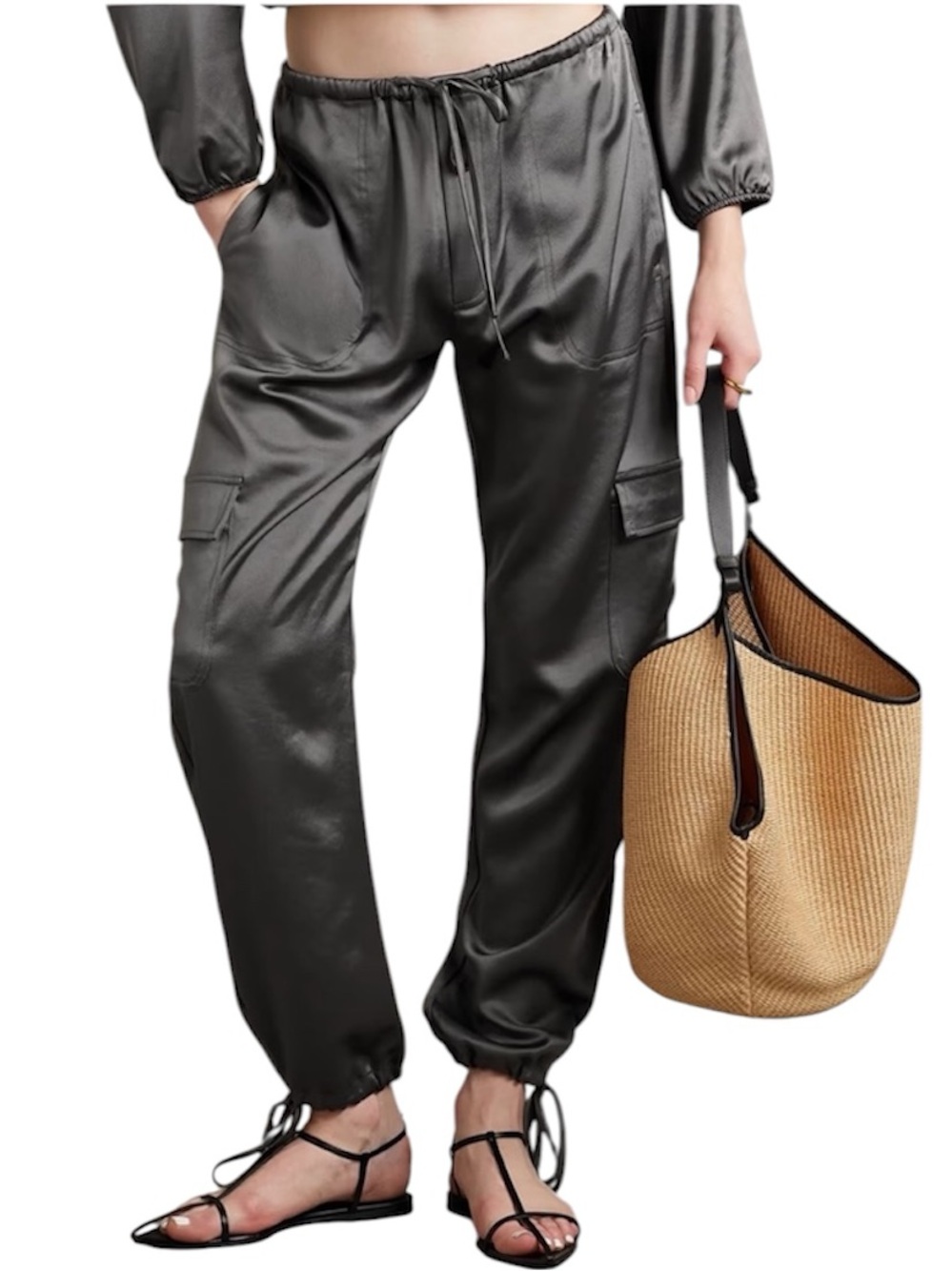 LESET Barb Cargo Barrel High Rise satin jogger drawstring pants gray XS